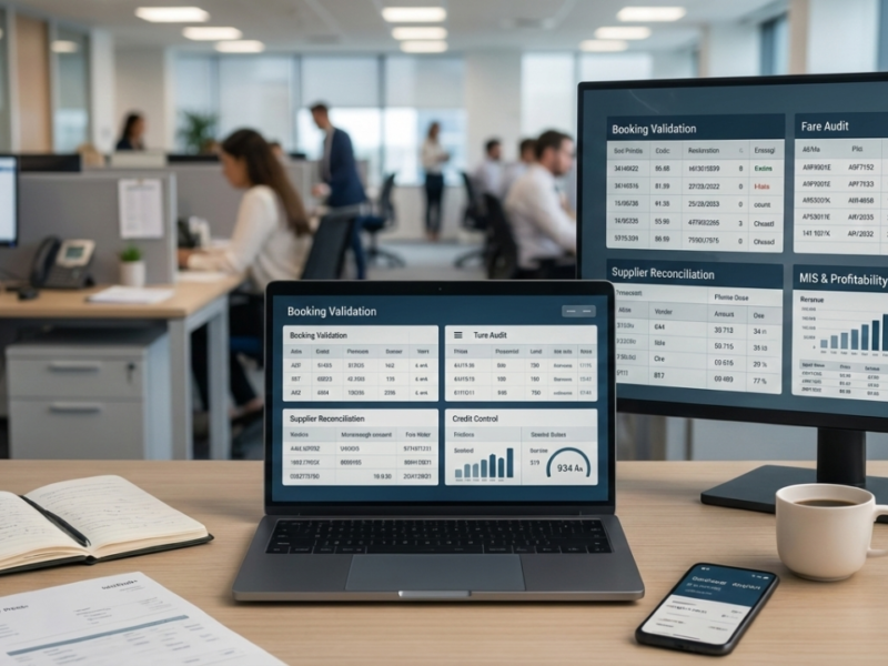 travel mid office dashboard showing booking control and profitability analytics