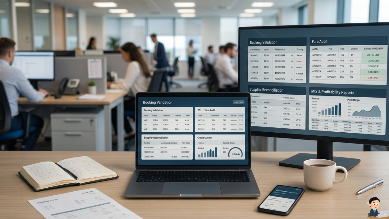 travel mid office dashboard showing booking control and profitability analytics