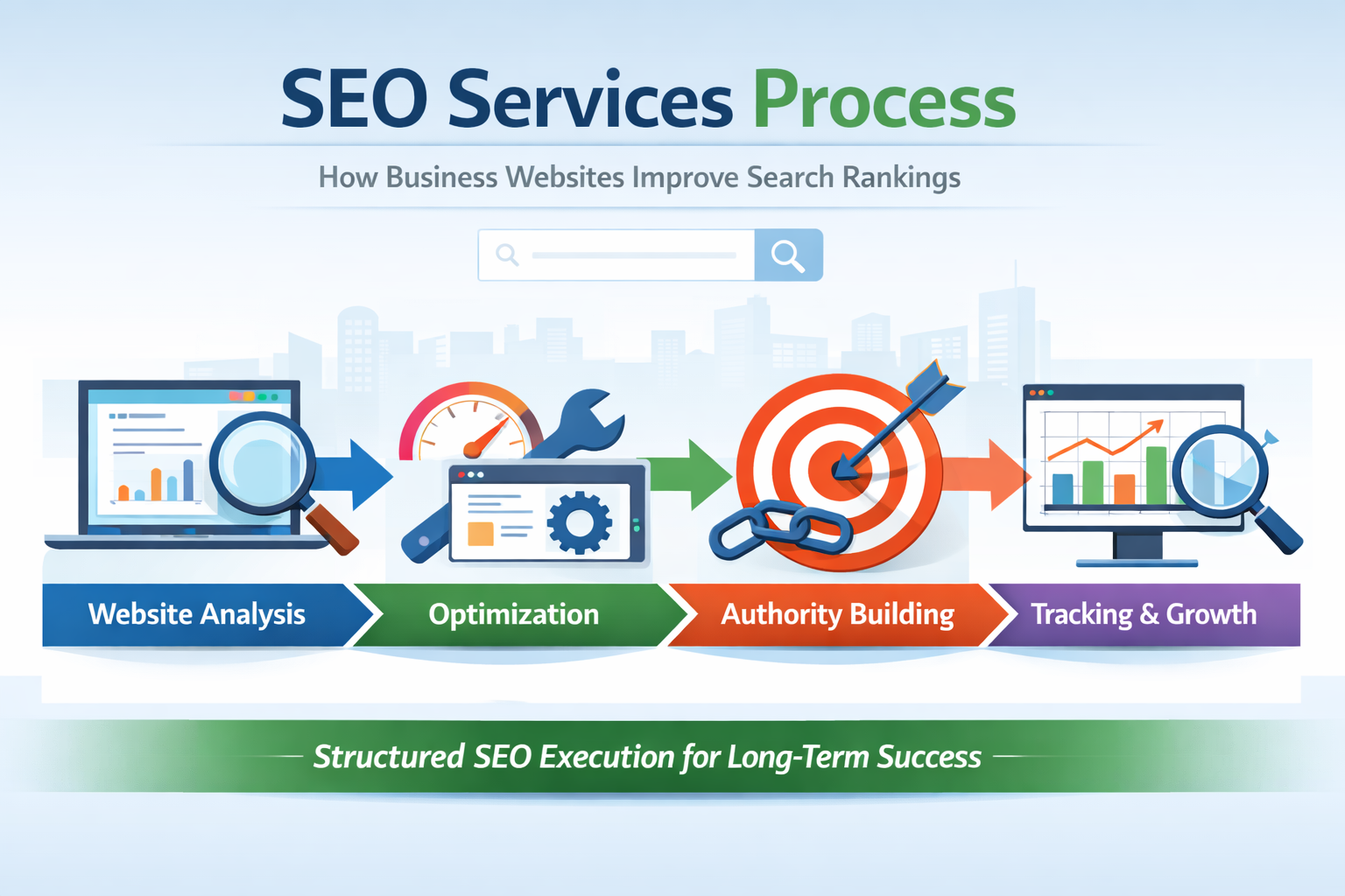 visual diagram explaining the seo services process including website analysis optimization authority building and performance tracking for business websites