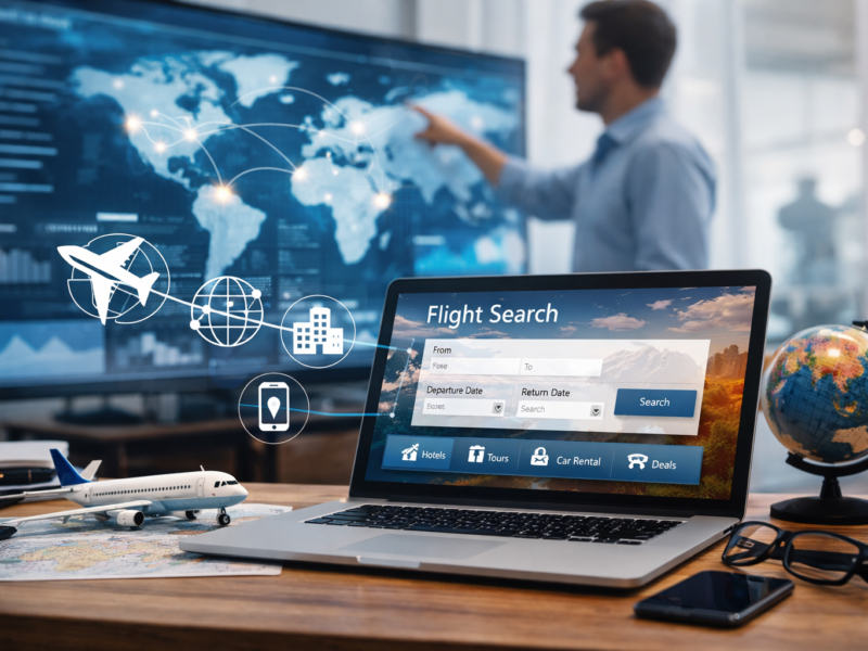 modern travel technology company workspace showing flight booking software global travel data and digital travel management systems on a laptop screen