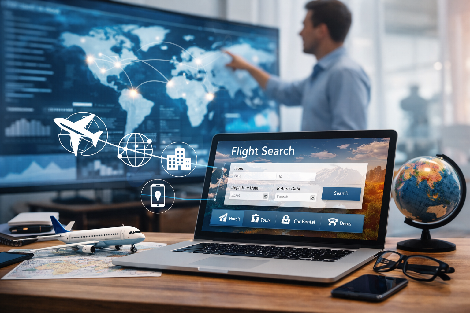 modern travel technology company workspace showing flight booking software global travel data and digital travel management systems on a laptop screen