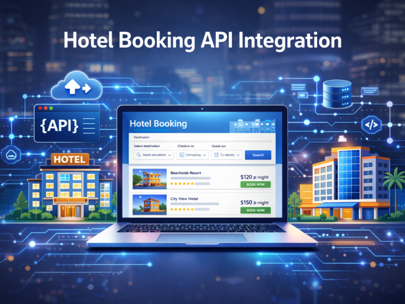 Hotel booking API integration dashboard showing real-time hotel availability and booking system