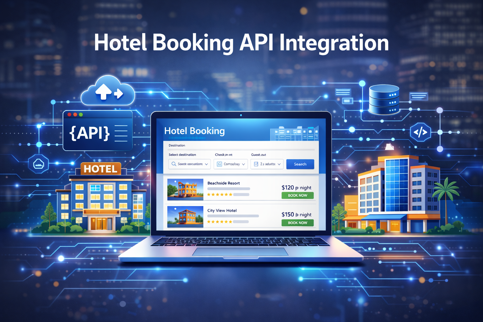 Hotel booking API integration dashboard showing real-time hotel availability and booking system