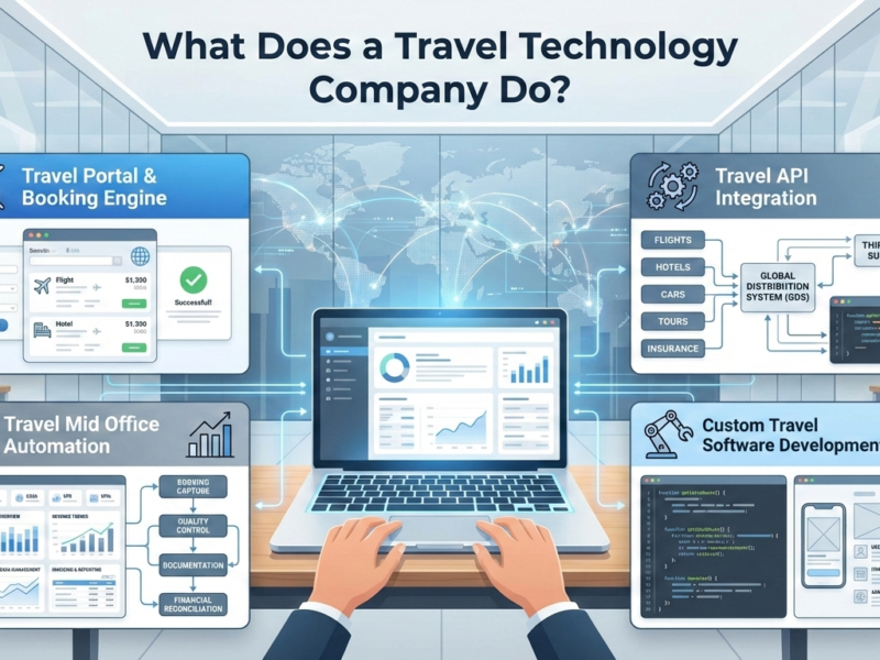 travel technology company workspace showing booking engine, API integration, and mid office dashboard