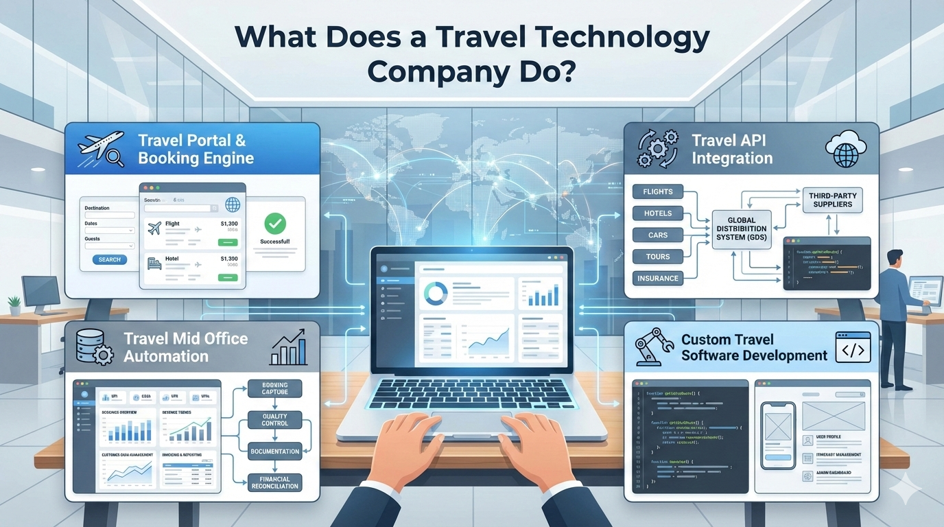 travel technology company workspace showing booking engine, API integration, and mid office dashboard