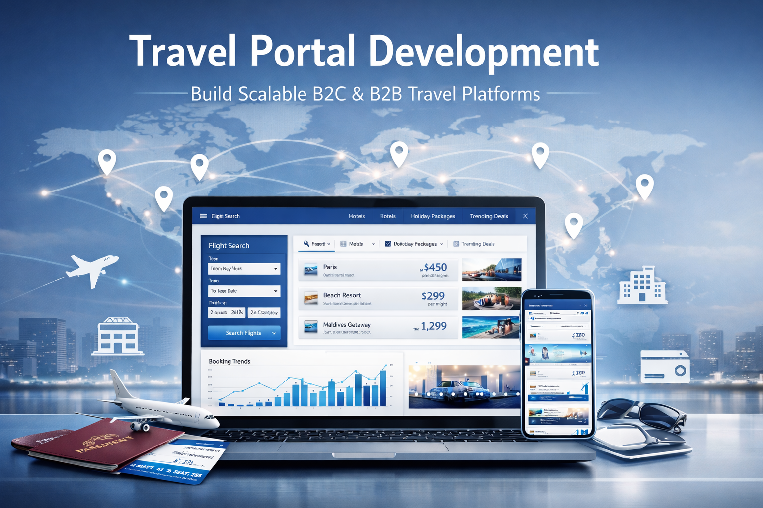 Modern travel portal development platform with real-time flight and hotel booking system