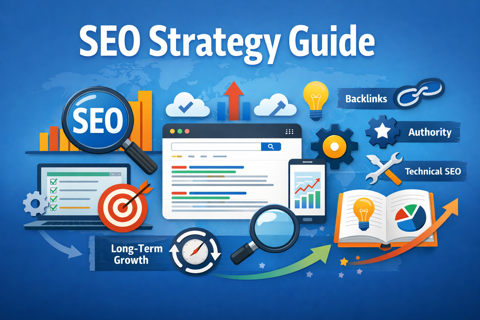 SEO strategy guide showing real search engine optimization analysis on screens