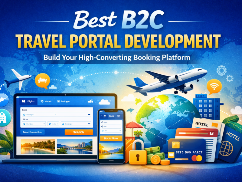 Best B2C travel portal development hero image showing a modern travel booking dashboard with flights, hotels and packages, global connectivity map, and secure online payments