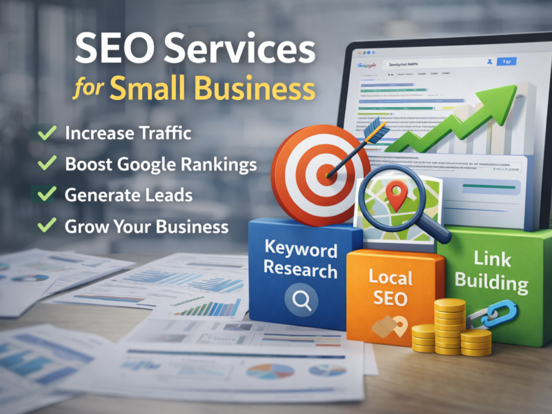 SEO services for small business showing a laptop with Google search results, highlighting keyword optimization, higher rankings, and lead generation