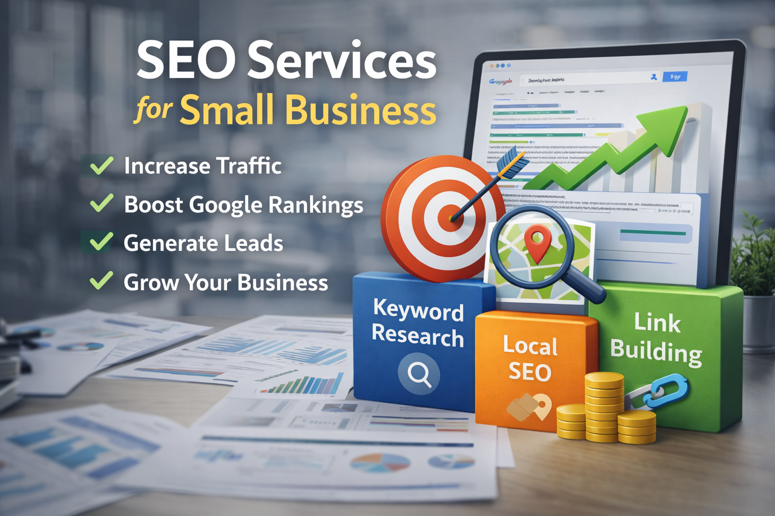 SEO services for small business showing a laptop with Google search results, highlighting keyword optimization, higher rankings, and lead generation