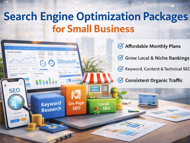 Search engine optimization packages for small business showing SEO dashboard, keyword research, on-page SEO, local SEO, and affordable monthly SEO plans for business growth
