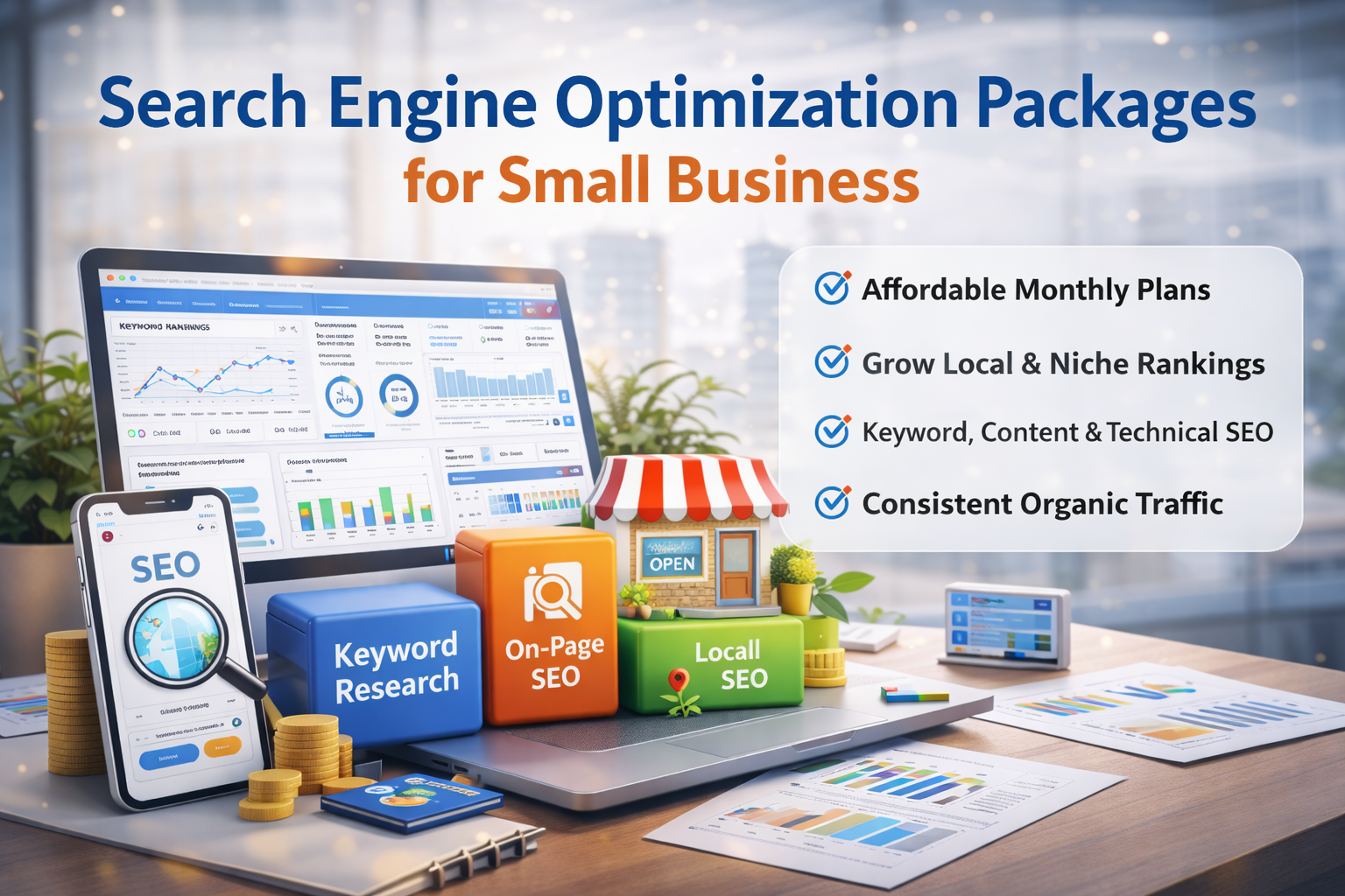Search engine optimization packages for small business showing SEO dashboard, keyword research, on-page SEO, local SEO, and affordable monthly SEO plans for business growth