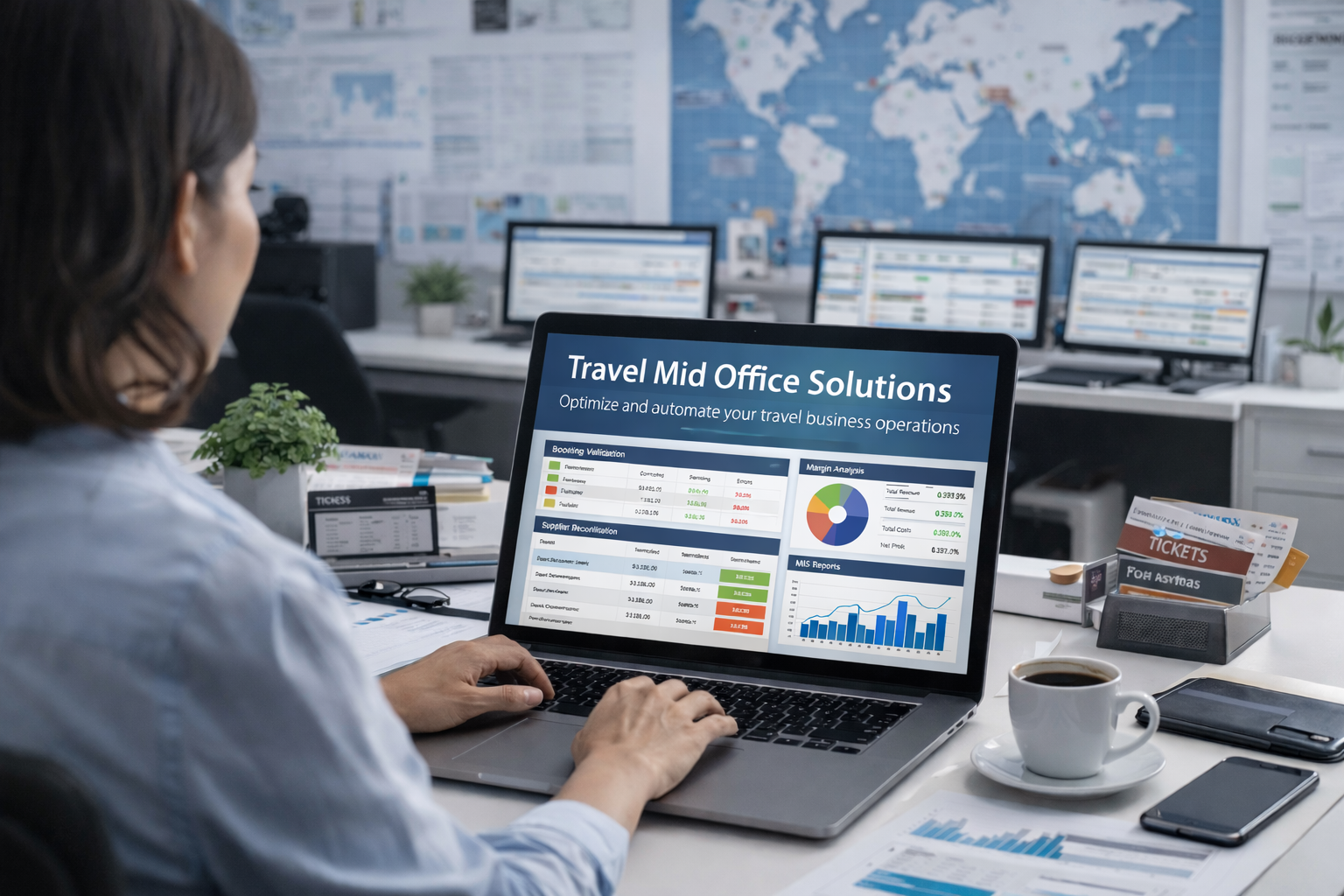 Travel mid office software dashboard showing booking validation, reconciliation, and MIS reports