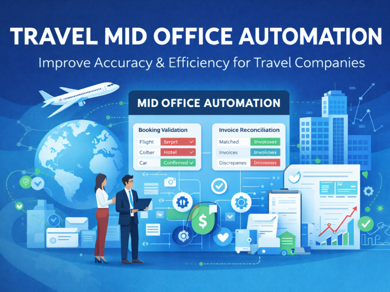 Travel mid office automation showing operations and finance teams validating booking data, invoices, and automated workflows in a professional travel company office