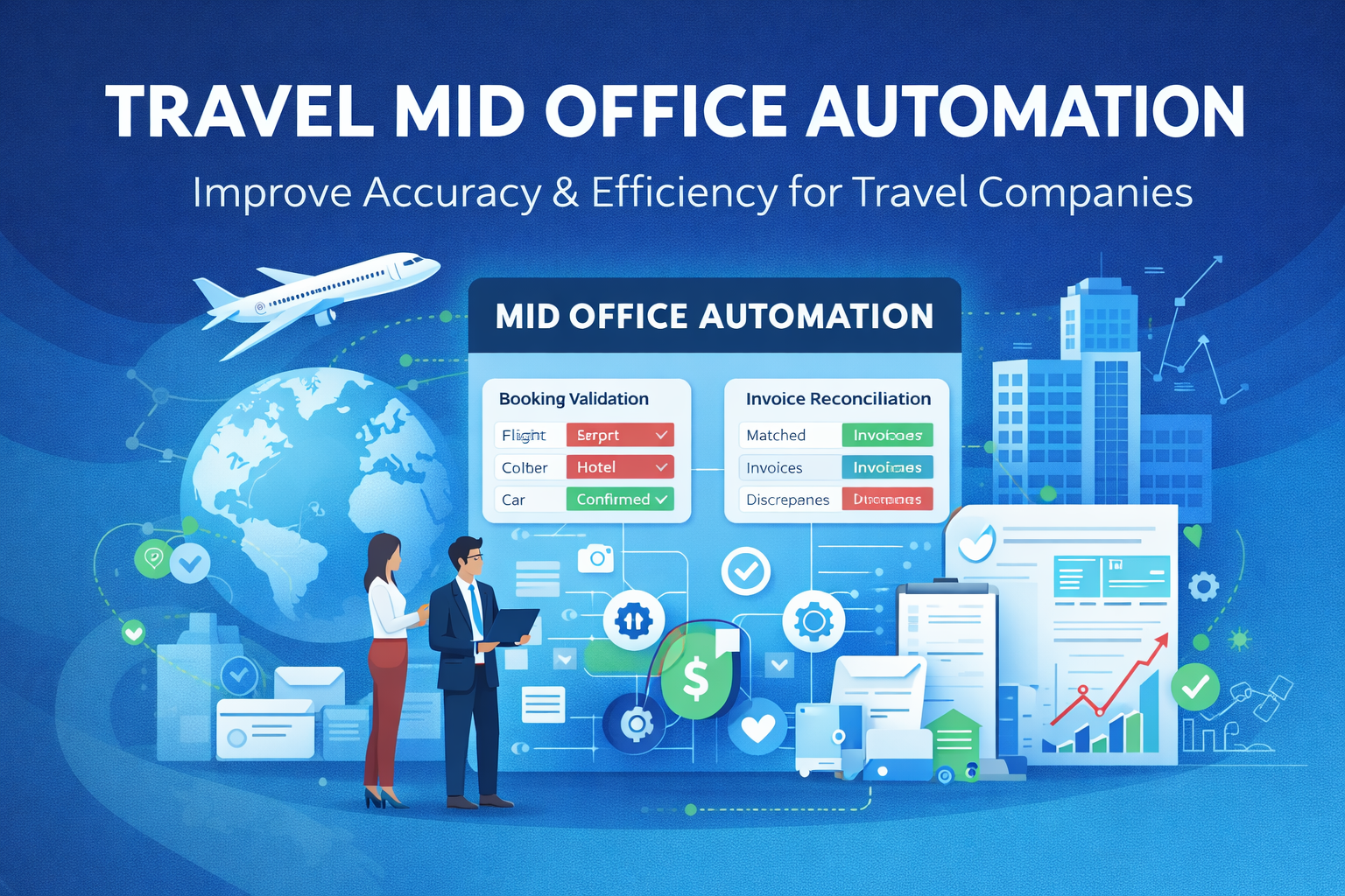 Travel mid office automation showing operations and finance teams validating booking data, invoices, and automated workflows in a professional travel company office