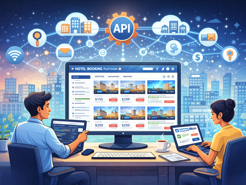 Hotel booking API integration showing a travel platform displaying real-time hotel availability, pricing, and booking data on a modern desktop dashboard