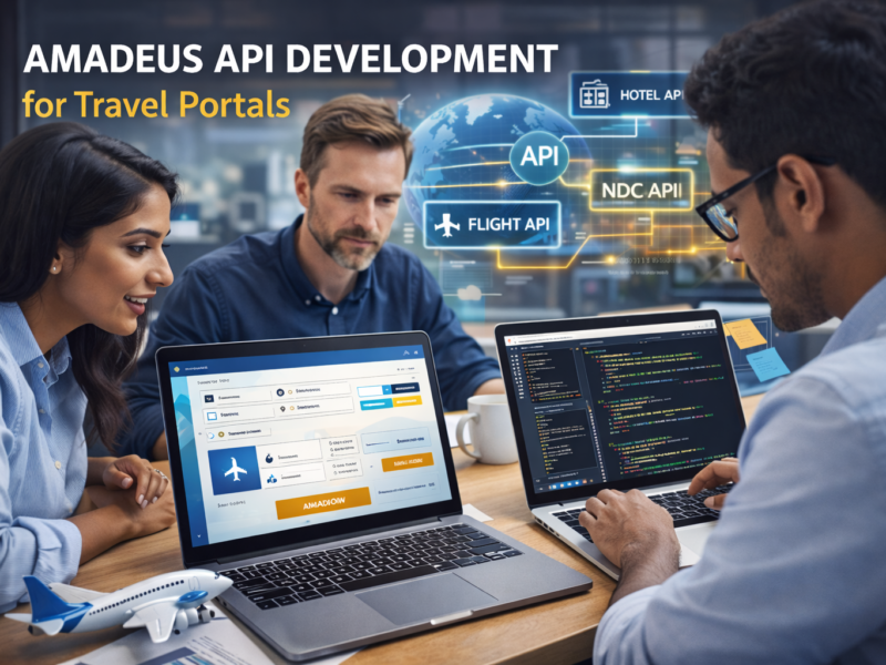 Amadeus API development for travel portals showing flight and hotel booking integration, NDC airline content, and scalable travel platform architecture