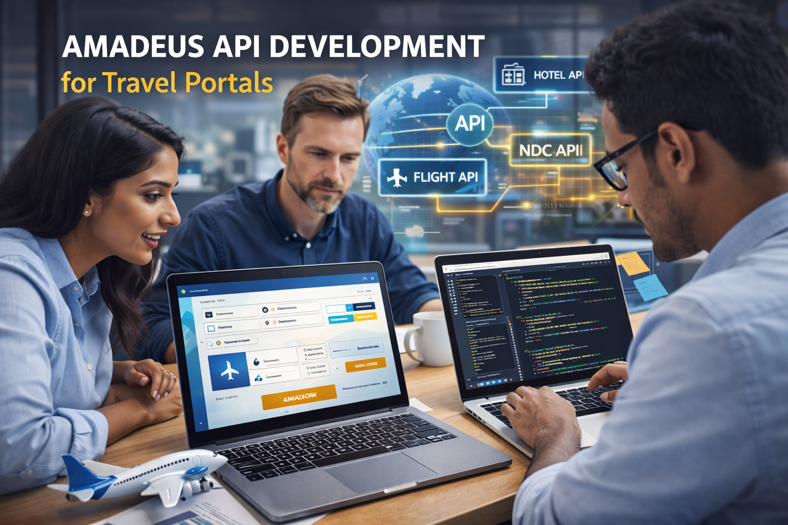 Amadeus API development for travel portals showing flight and hotel booking integration, NDC airline content, and scalable travel platform architecture