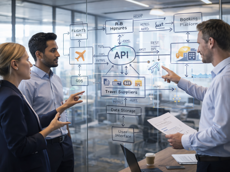 software engineers discussing amadeus api development and travel platform integration architecture with flight and hotel api connections on a glass board in a modern office