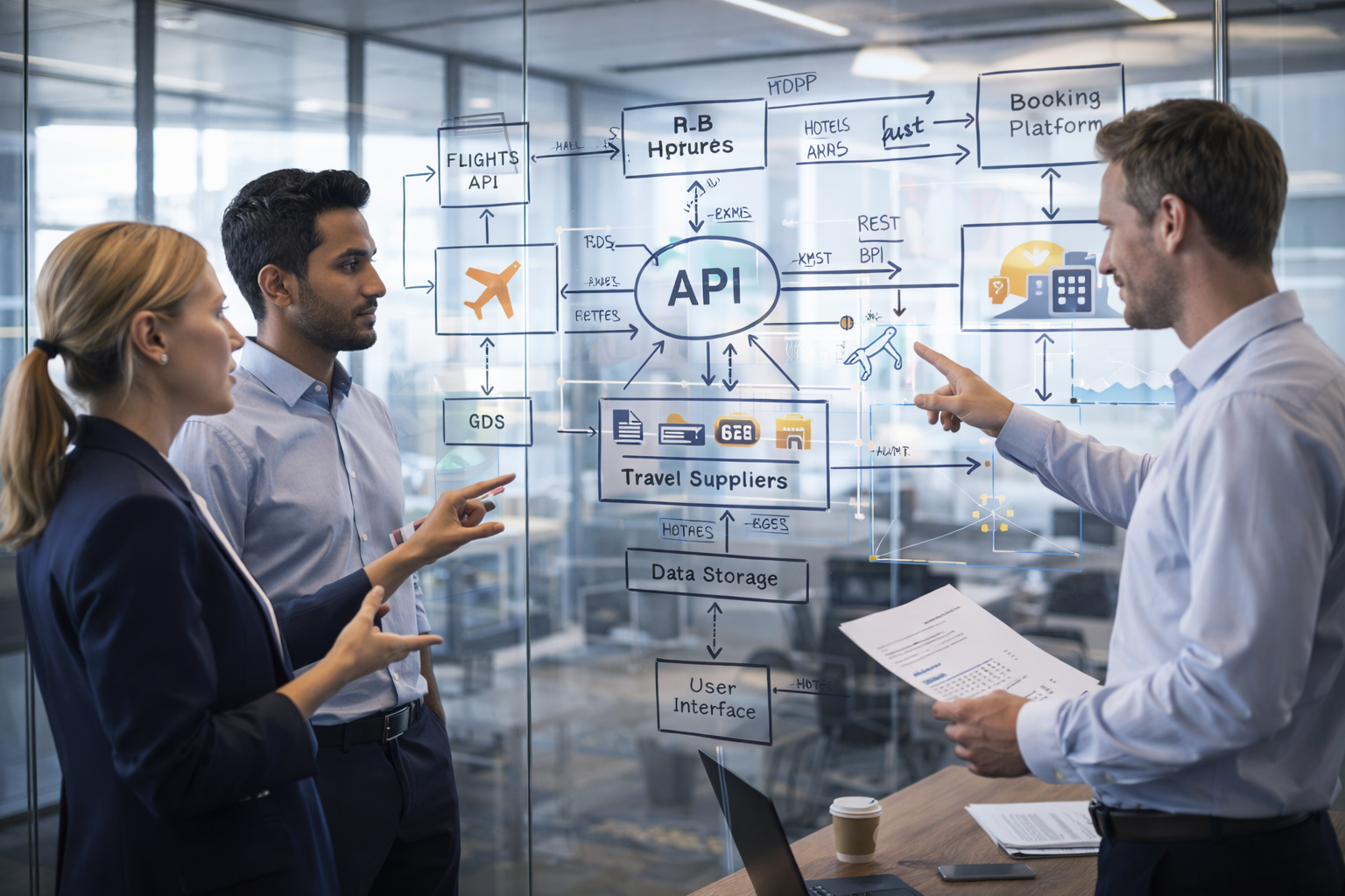 software engineers discussing amadeus api development and travel platform integration architecture with flight and hotel api connections on a glass board in a modern office
