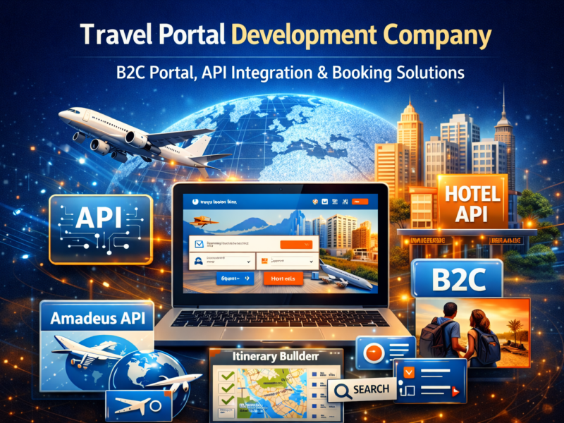Travel portal development company showcasing B2C portal, hotel API integration, Amadeus API, and online booking solutions interface