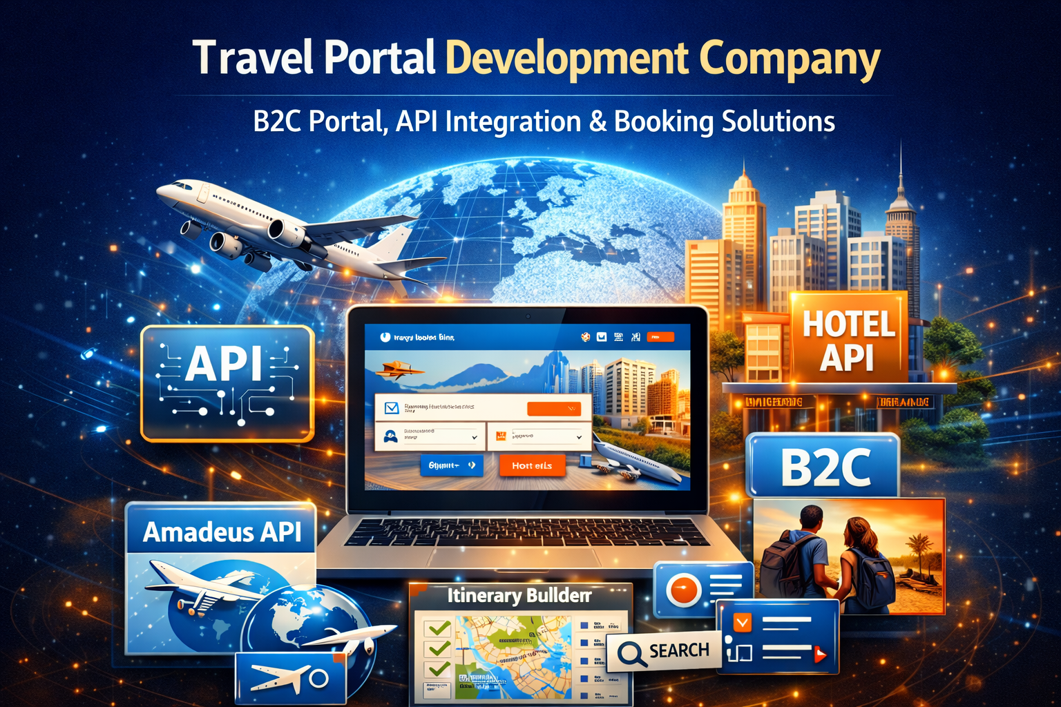 Travel portal development company showcasing B2C portal, hotel API integration, Amadeus API, and online booking solutions interface